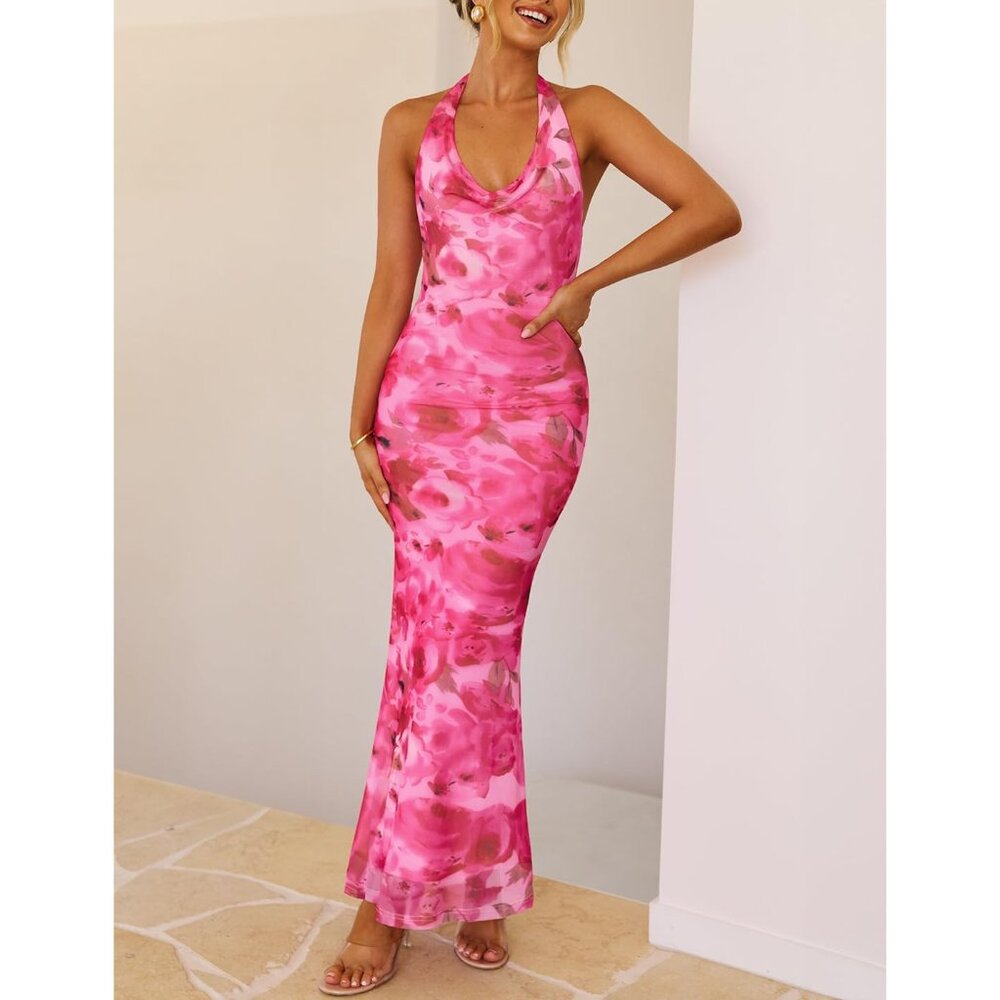 Women's Floral Print Halter Maxi Dress Sleeveless Bodycon Evening Casual - Picture 8 of 8